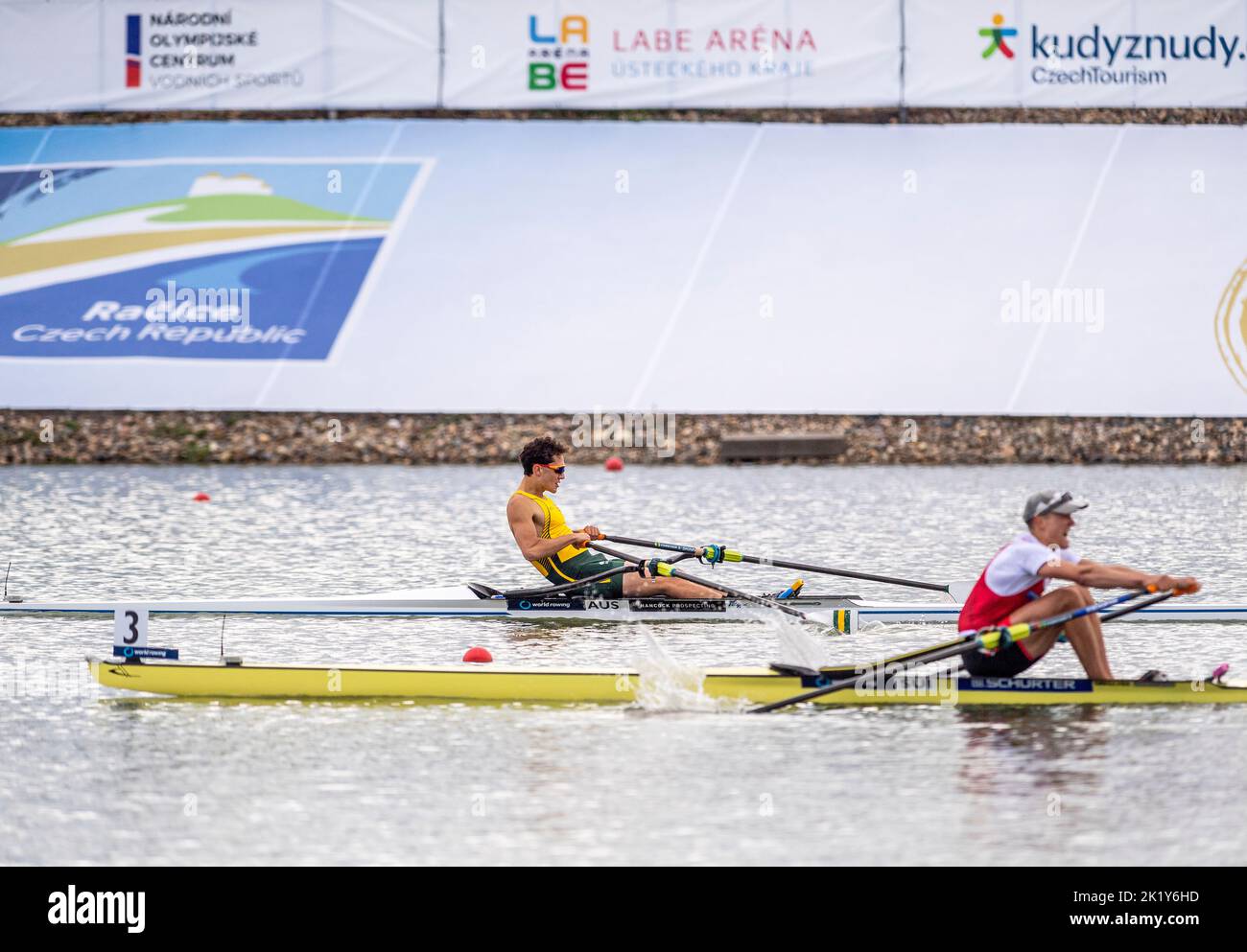 Racice, Czech Republic. 21st Sep, 2022. From left Hamish Harding of Australia and Andri Struzina of Switzerland competing during Day 4 of the 2022 World Rowing Championships at the Labe Arena Racice on September 21, 2022 in Racice, Czech Republic. Credit: Ondrej Hajek/CTK Photo/Alamy Live News Stock Photo