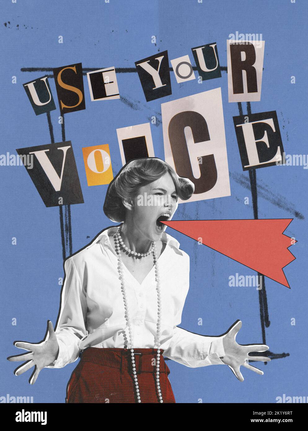 Contemporary art collage. Young woman screaming about her rights. Use your voice slogan Stock Photo