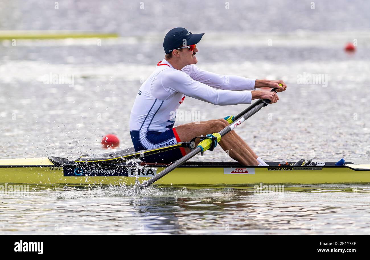Racice, Czech Republic. 21st Sep, 2022. Baptiste Savaete of France competing during Day 4 of the 2022 World Rowing Championships at the Labe Arena Racice on September 21, 2022 in Racice, Czech Republic. Credit: Ondrej Hajek/CTK Photo/Alamy Live News Stock Photo