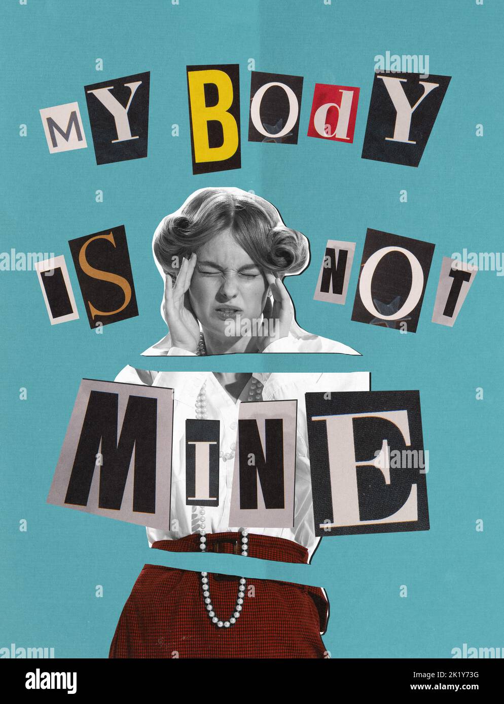 Contemporary art collage. Young woman holding head in shock and irritation. Body is woman's own choice Stock Photo