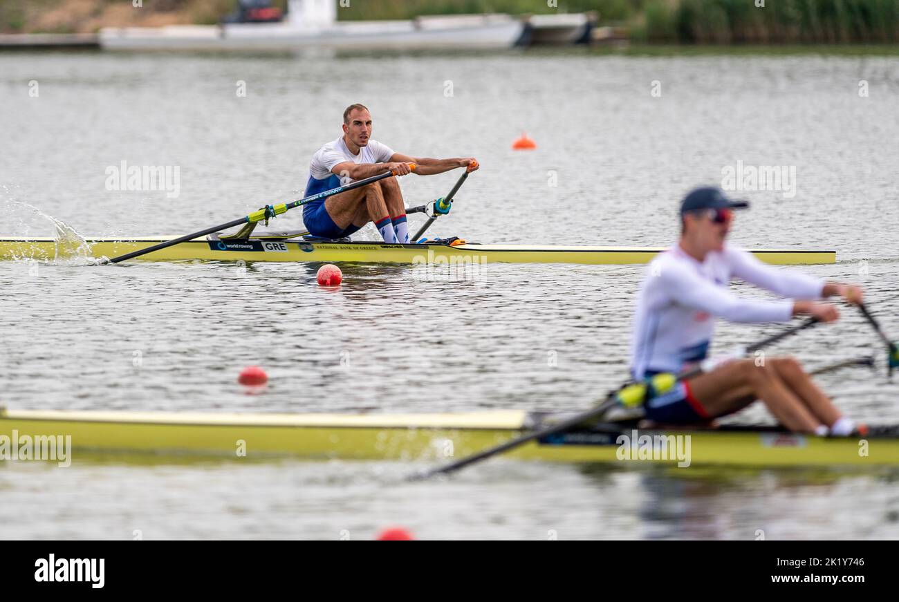Racice, Czech Republic. 21st Sep, 2022. From left Antonios Papakonstantinu of Greece and Baptiste Savaete of France competing during Day 4 of the 2022 World Rowing Championships at the Labe Arena Racice on September 21, 2022 in Racice, Czech Republic. Credit: Ondrej Hajek/CTK Photo/Alamy Live News Stock Photo