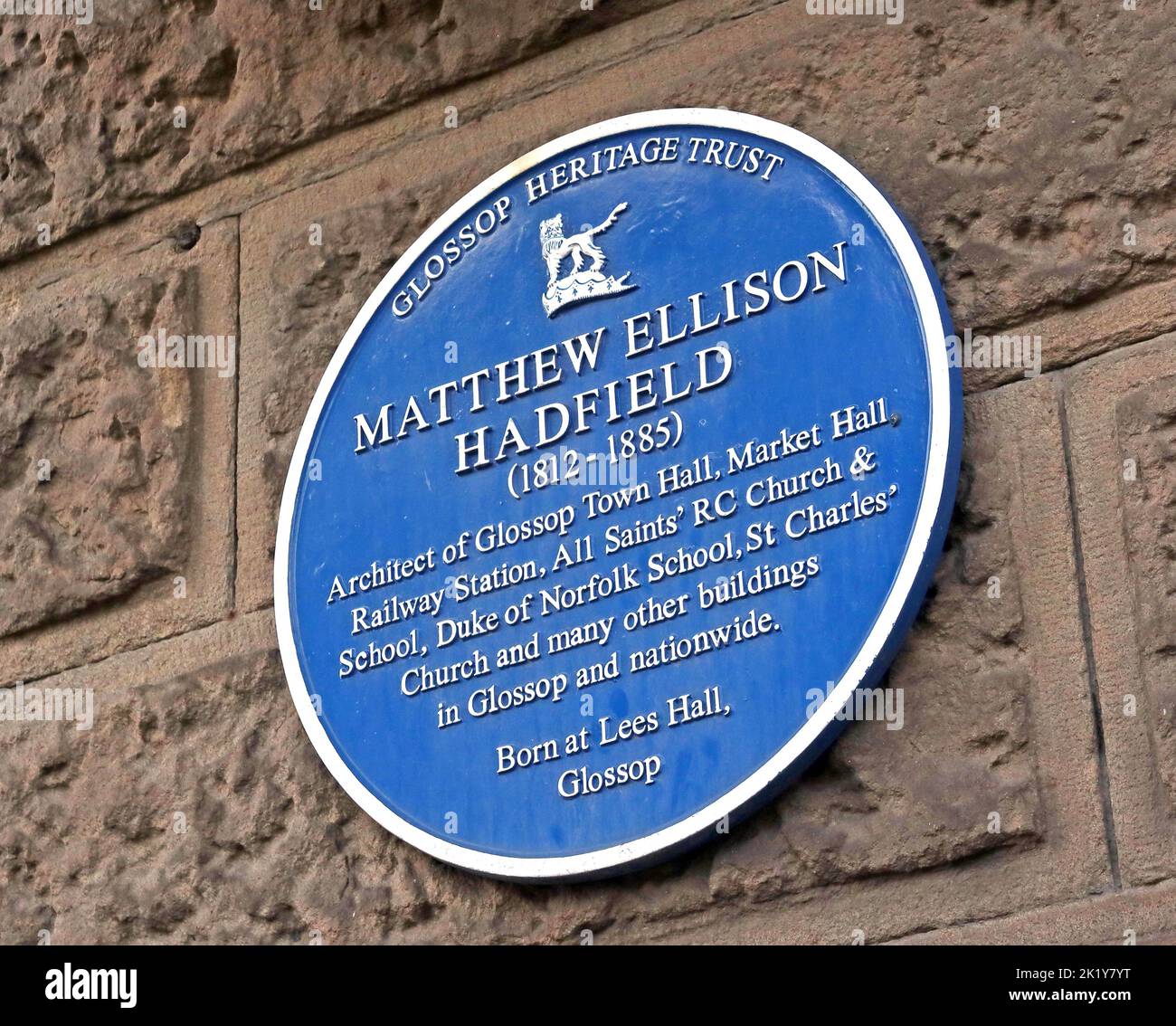 Blue Plaque, Glossop Heritage Trust, Matthew Ellison Hadfield, on Glossop town hall, High Peak, Derbys, England, UK, SK13 Stock Photo