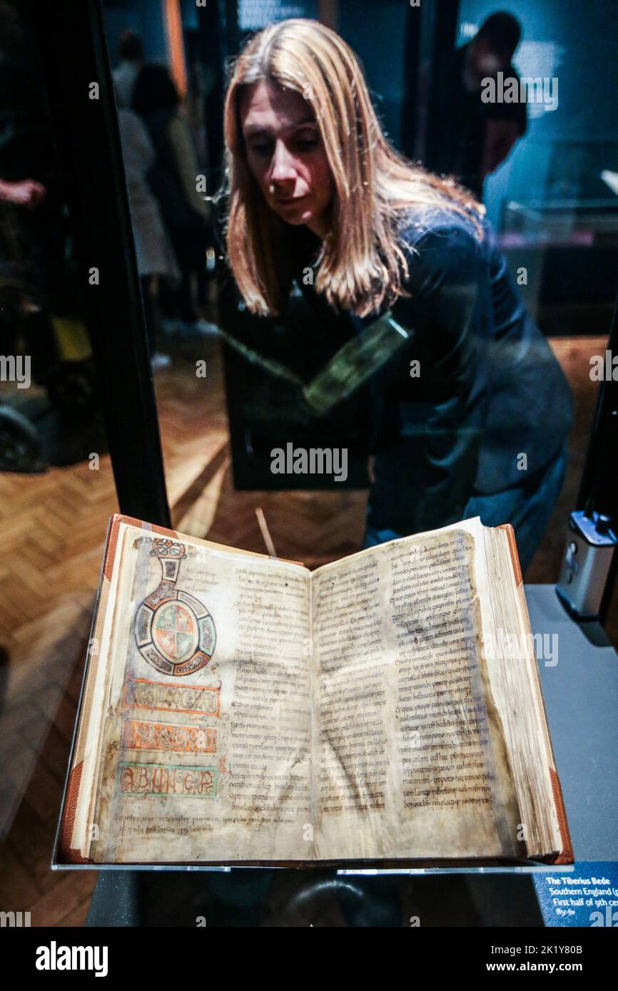Newcastle Newcastle upon Tyne, England 22 September  2022  At the heart of the exhibition, the Lindisfarne Gospels are shown alongside other illuminated manuscripts, including another significant loan from the British Library –The Tiberius Bede Southern England (probably Canterbury) First half of 9th century With their painstakingly elaborate decoration and symbolism, these masterpieces of craftsmanship were a tremendous show of devotion. Paul Quezada-Neiman/Alamy Live News Stock Photo