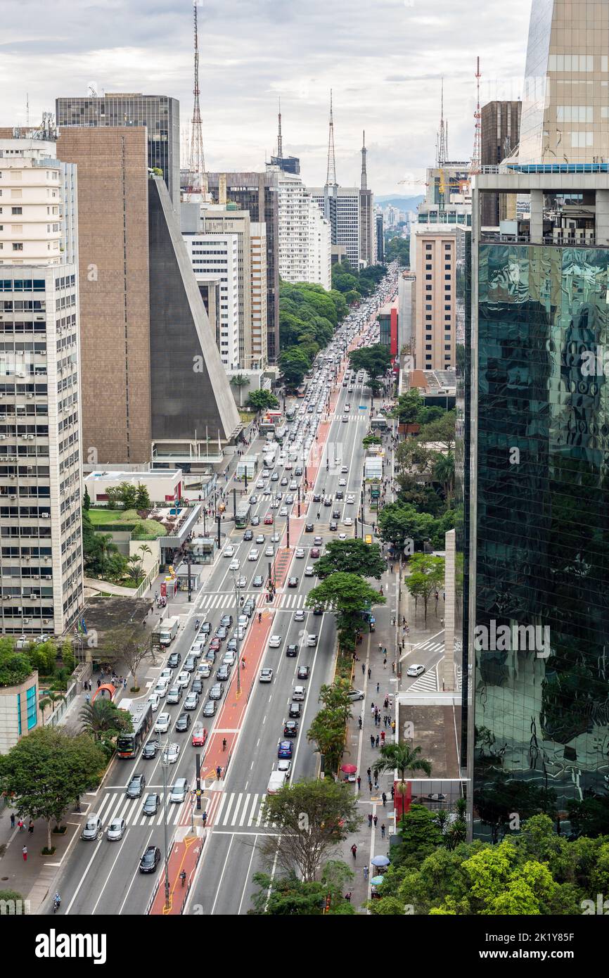 Beautiful aerial view of Paulista avenue, Sao Paulo city skyline. Street cityscape with modern buildings and car traffic. Brazil urban architecture. Stock Photo