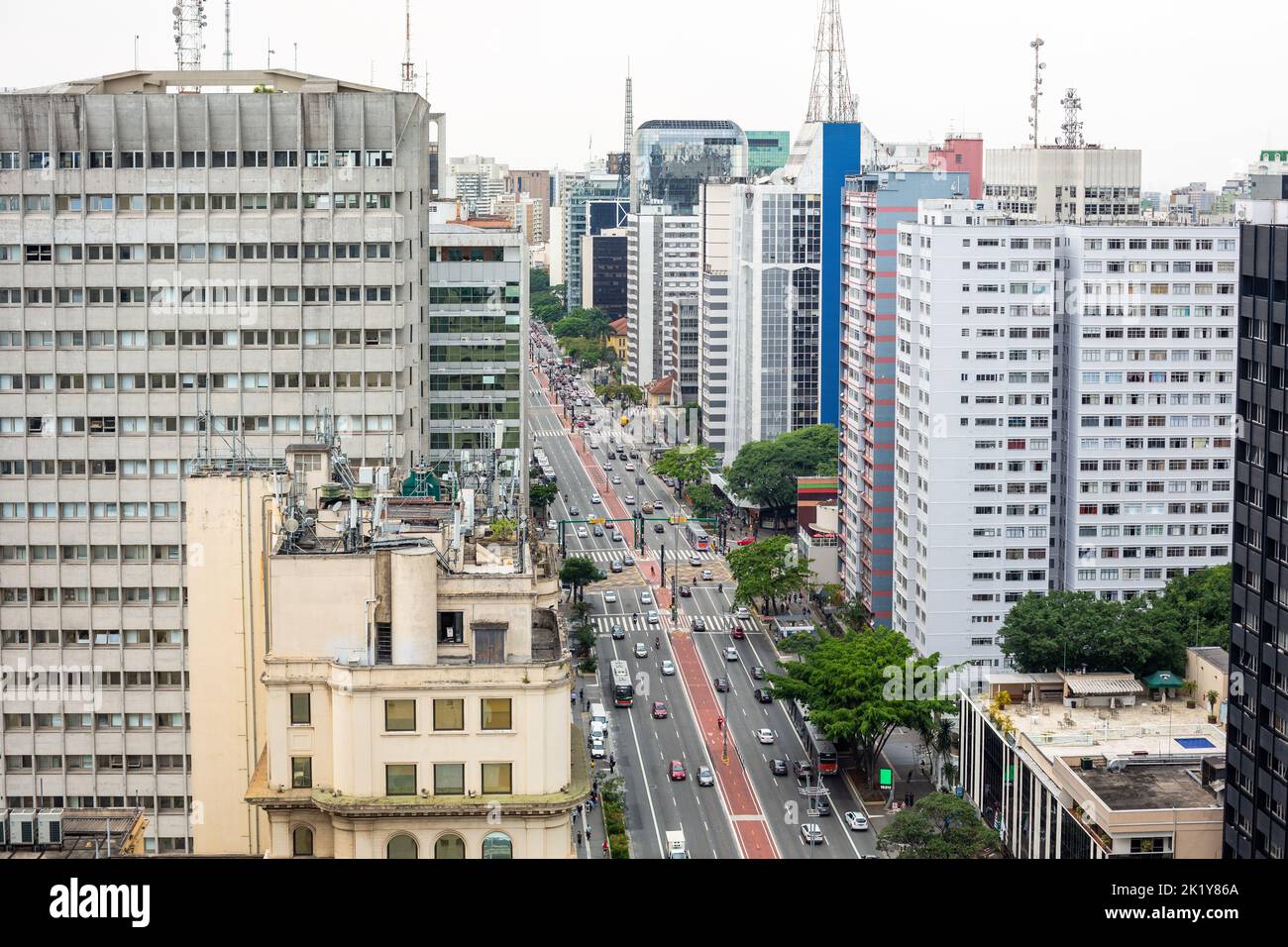 Beautiful aerial view of Paulista avenue, Sao Paulo city skyline. Street cityscape with modern buildings and car traffic. Brazil urban architecture. Stock Photo