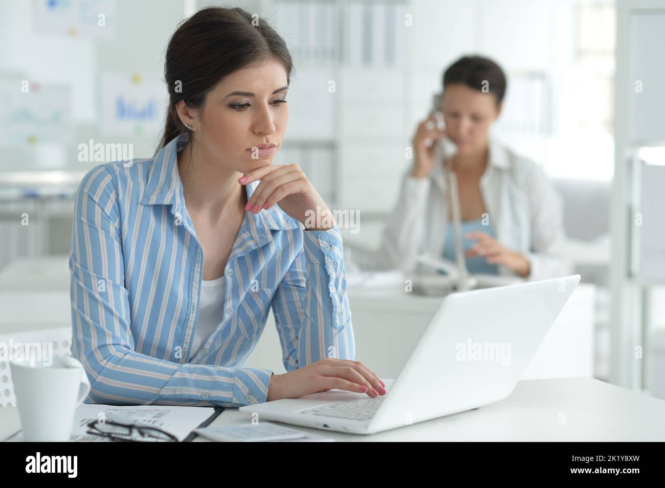 Portrait of a smiling beautiful business woman using a laptop. Stock Photo