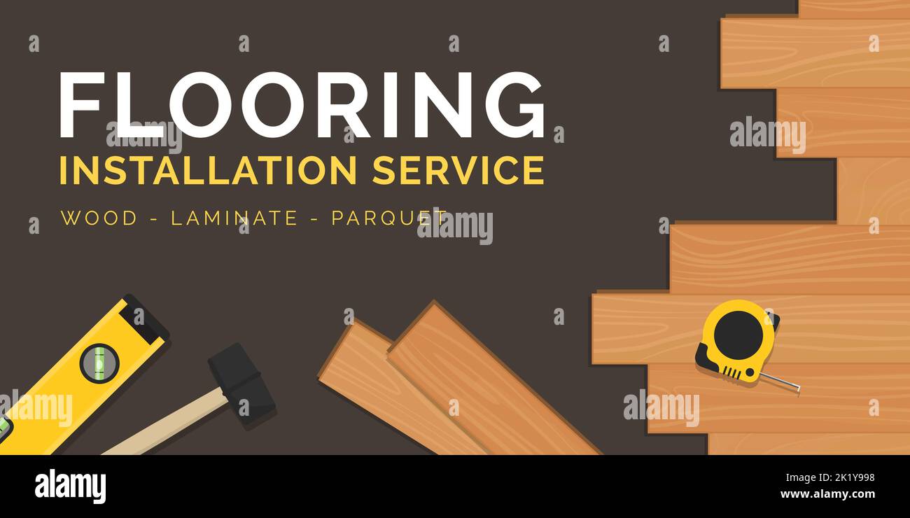 Hardwood flooring professional installation service banner with tools and copy space Stock Vector