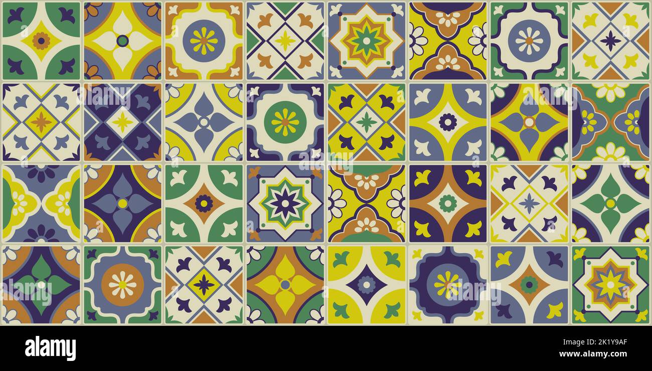 Colorful azulejos ceramic tiles background with floral decoration, interior design and decor concept, abstract background Stock Vector