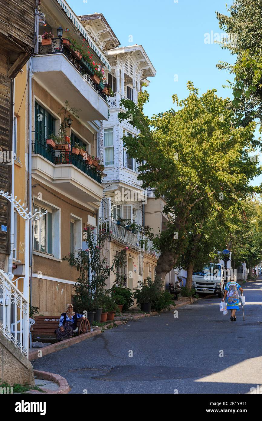HEYBELIADA, TURKEY - SEPTEMBER 15, 2017: This is one of the residential streets of the island, built-up houses in the 19th century. Stock Photo