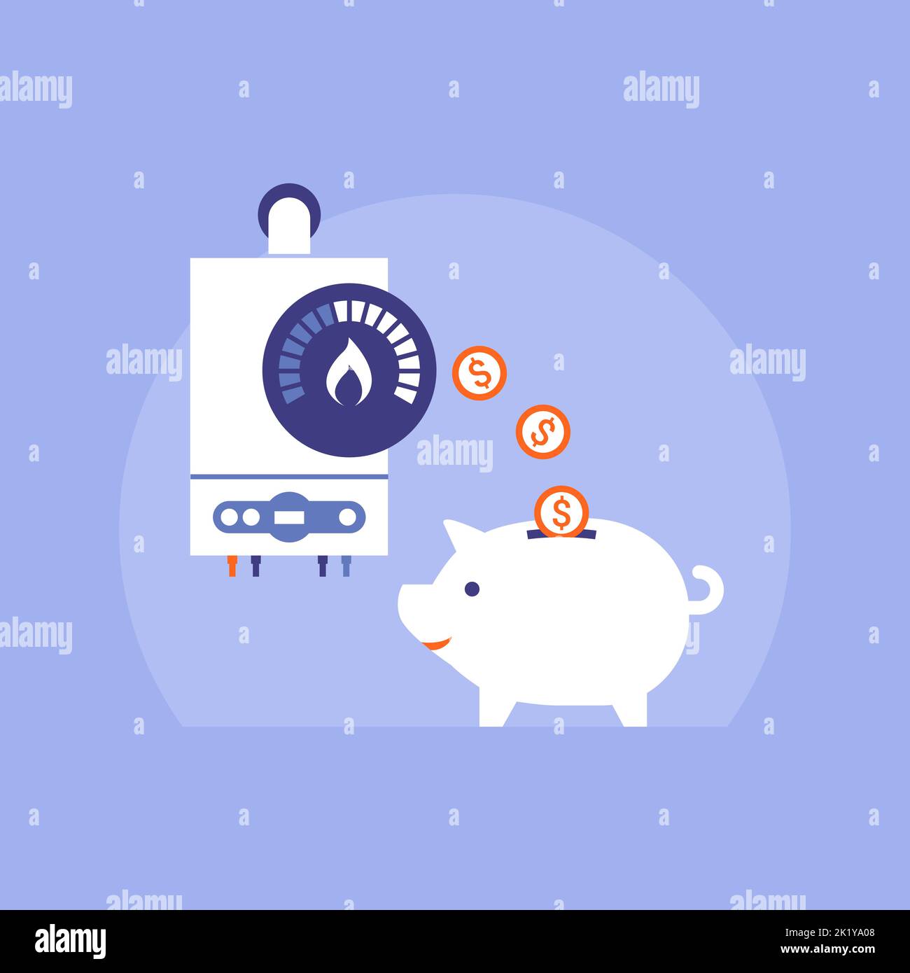 Save money on your heating bill: energy efficient boiler and coins falling in a piggy bank Stock Vector