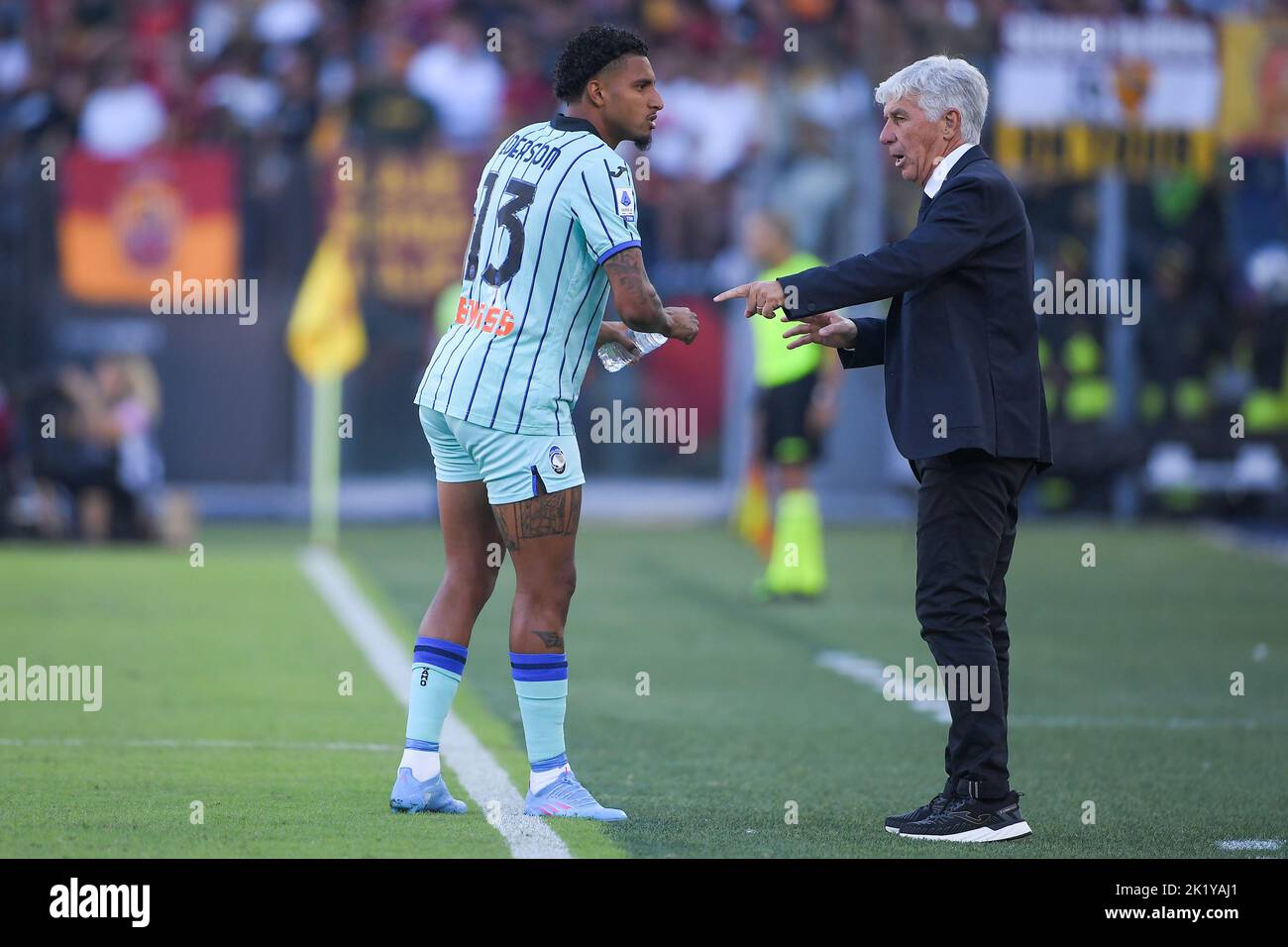 Gian Piero Gasperini of Atalanta BC gives instructions to Ederson of Atalanta BC during the Serie A match between AS Roma and Atalanta BC at Stadio Ol Stock Photo