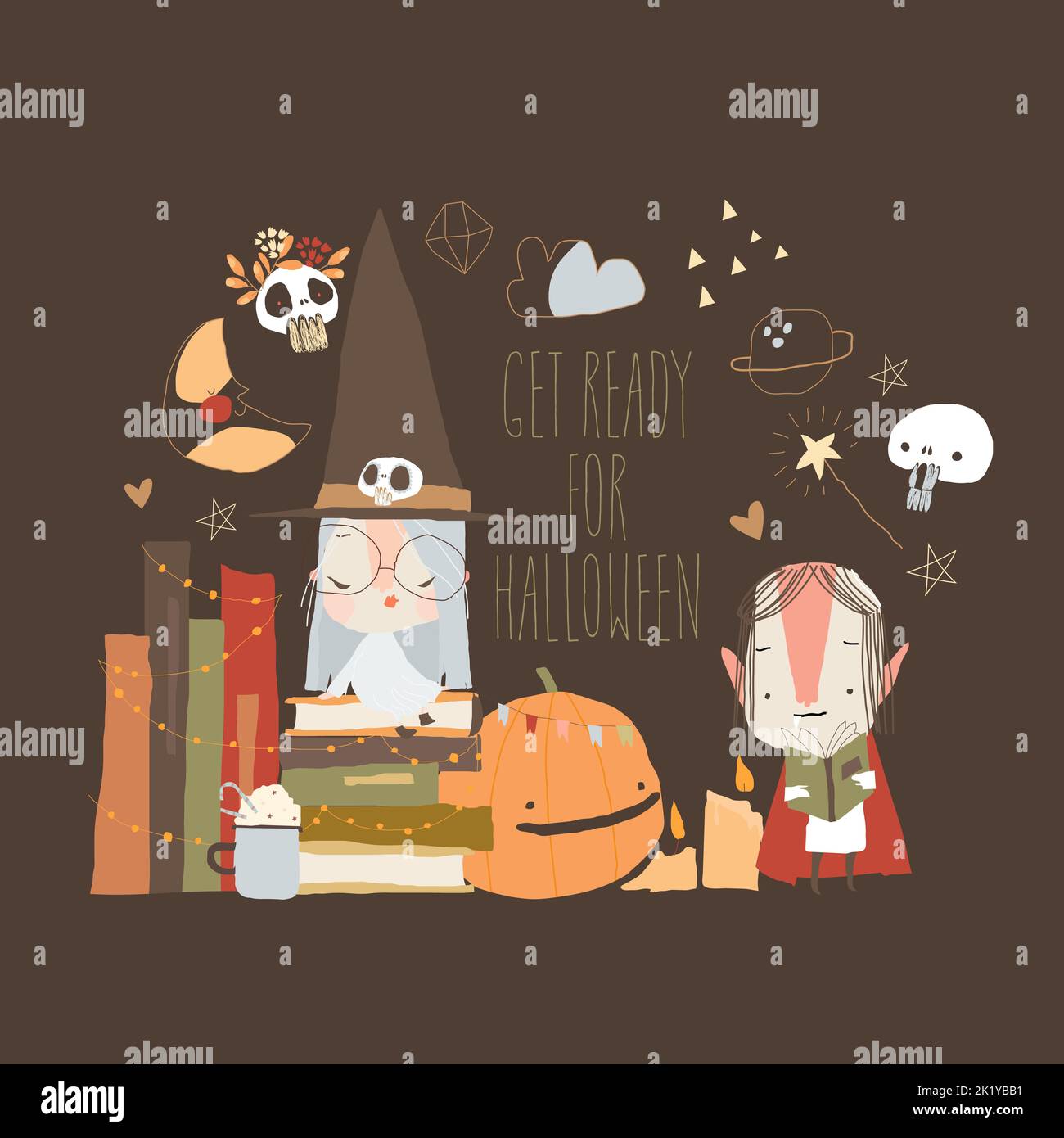 Cartoon Beautiful Witch with Vampire celebrating Halloween Stock Vector ...