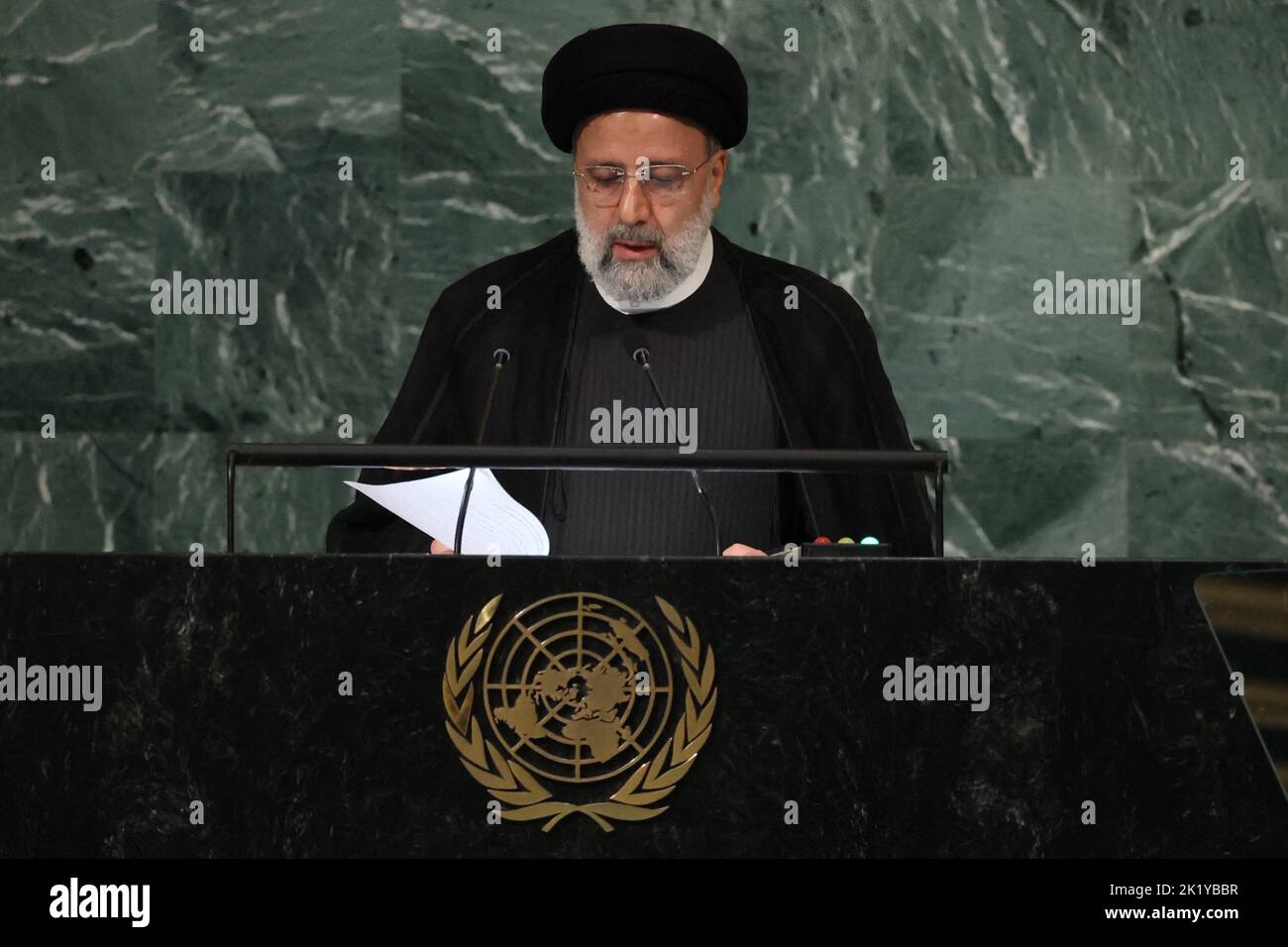 Iran's President Ebrahim Raisi addresses the 77th Session of the United Nations General Assembly at U.N. Headquarters in New York City, U.S., September 21, 2022. REUTERS/Brendan McDermid Stock Photo