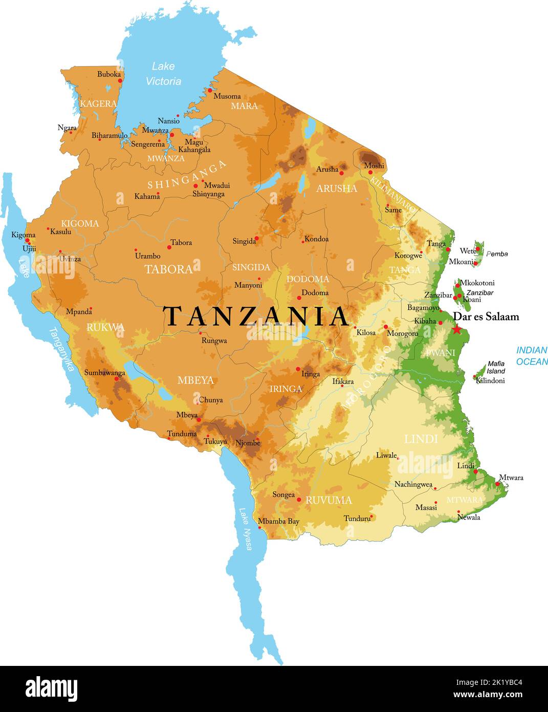 Highly detailed physical map of Tanzania in vector format,with all the relief forms,regions and big cities. Stock Vector