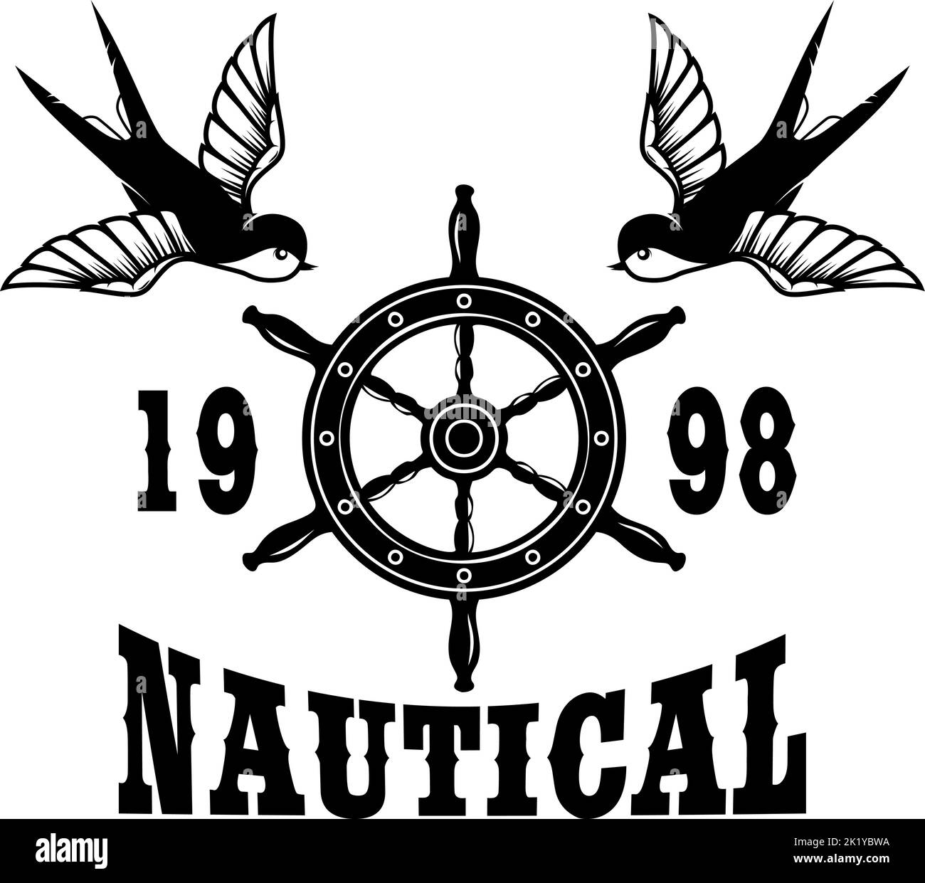 Vintage ship steering wheel with swallows. Design element for emblem