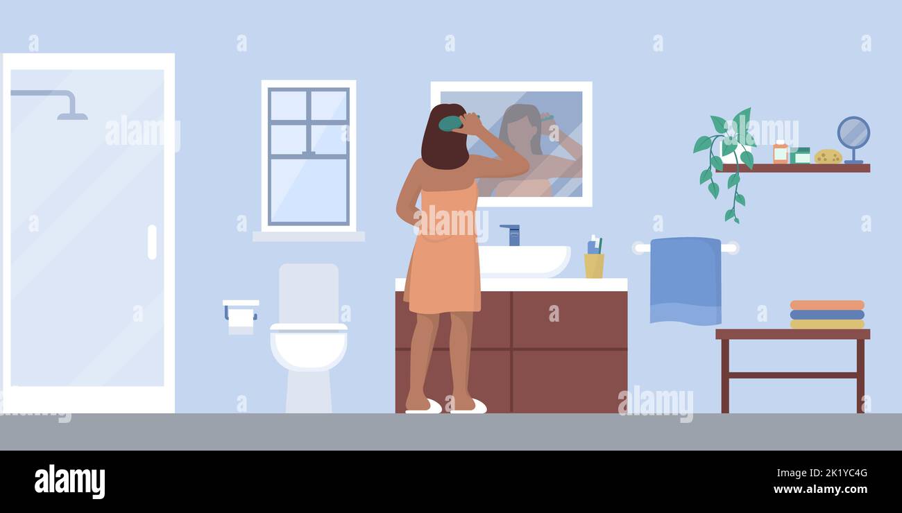 Young woman brushing hair in the bathroom after having a shower, domestic room interior Stock Vector