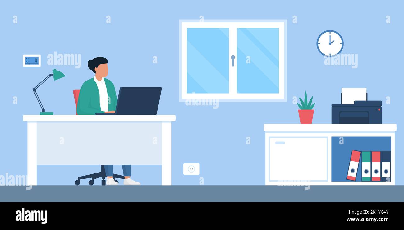 Business woman working with a laptop in her home office, room interior Stock Vector