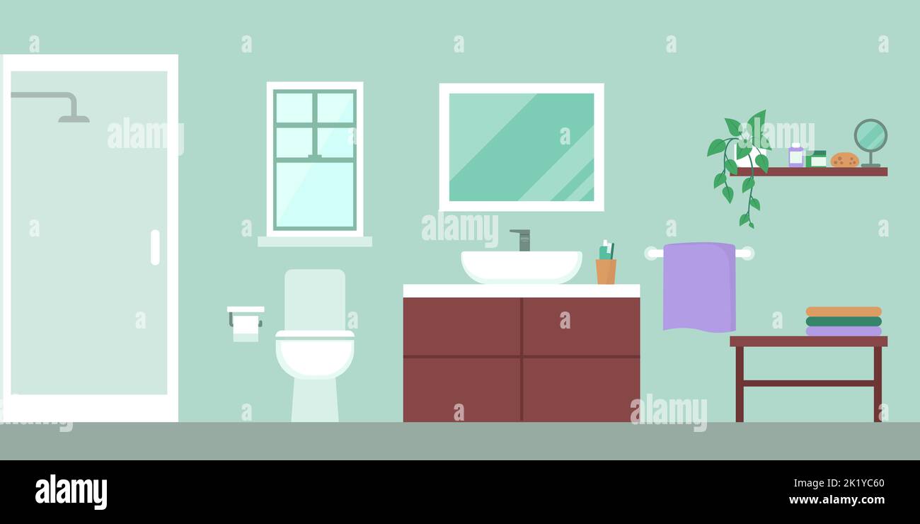 Modern bathroom interior with shower, toilet, sink and detergents Stock Vector