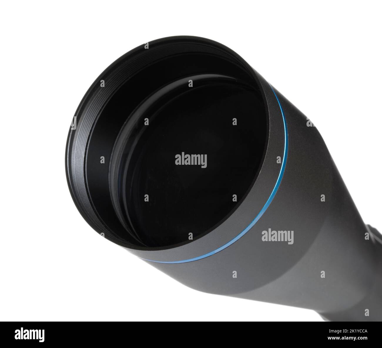 Objective lens on a high powered riflescope isolated on a white ...
