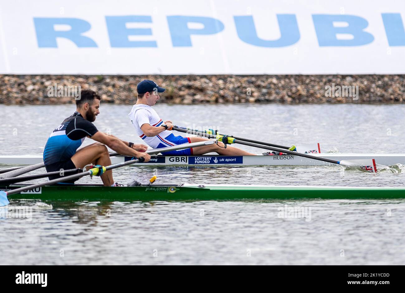 Racice, Czech Republic. 21st Sep, 2022. From left Bruno Cetraro Berriolo of Uruguay and Dale Flockhart of Great Britain competing during Day 4 of the 2022 World Rowing Championships at the Labe Arena Racice on September 21, 2022 in Racice, Czech Republic. Credit: Ondrej Hajek/CTK Photo/Alamy Live News Stock Photo
