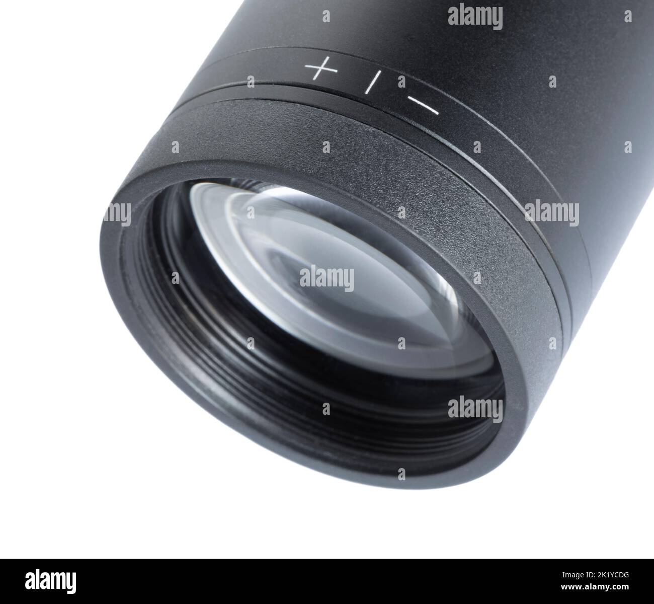 Back lens and diopter adjustment dial on a riflescope isolated on white