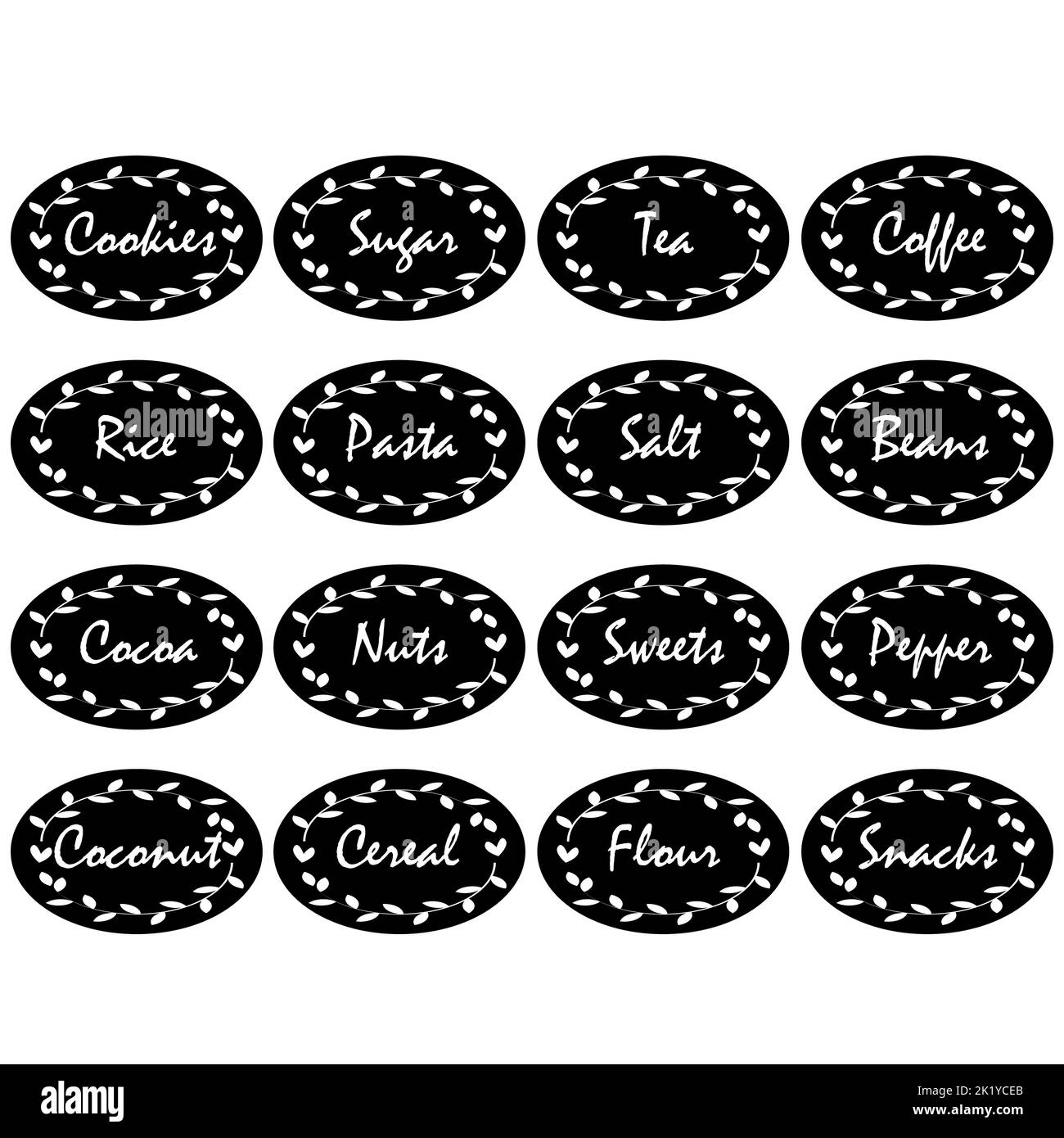 Food labels sign on white background. Container stickers symbol. Black Kitchen labels sign. flat