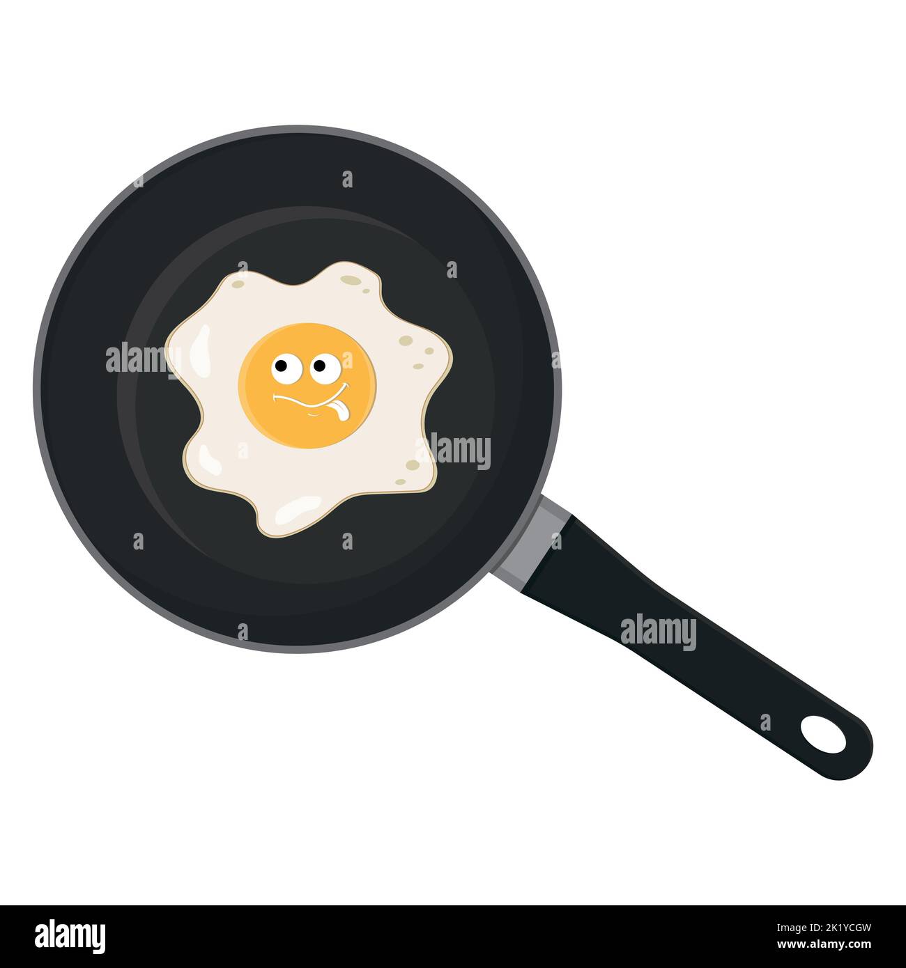 Fried egg character with kawaii eyes in a frying pan, black outline
