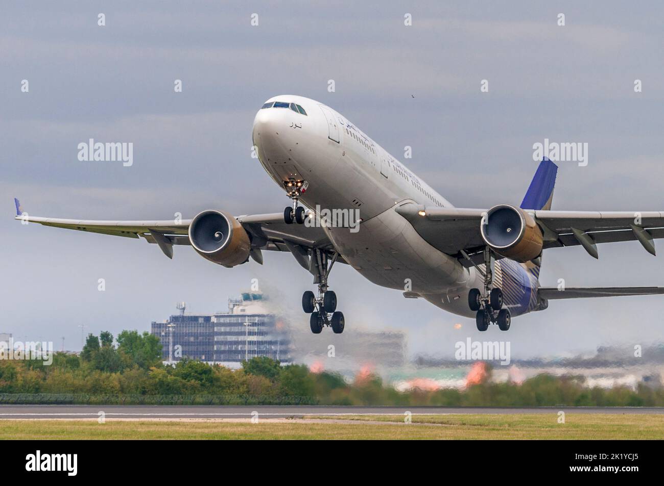 Jordan Aviation Airbus A330-203 regustratuin JY-JVB takes off at Manchester airport. Stock Photo