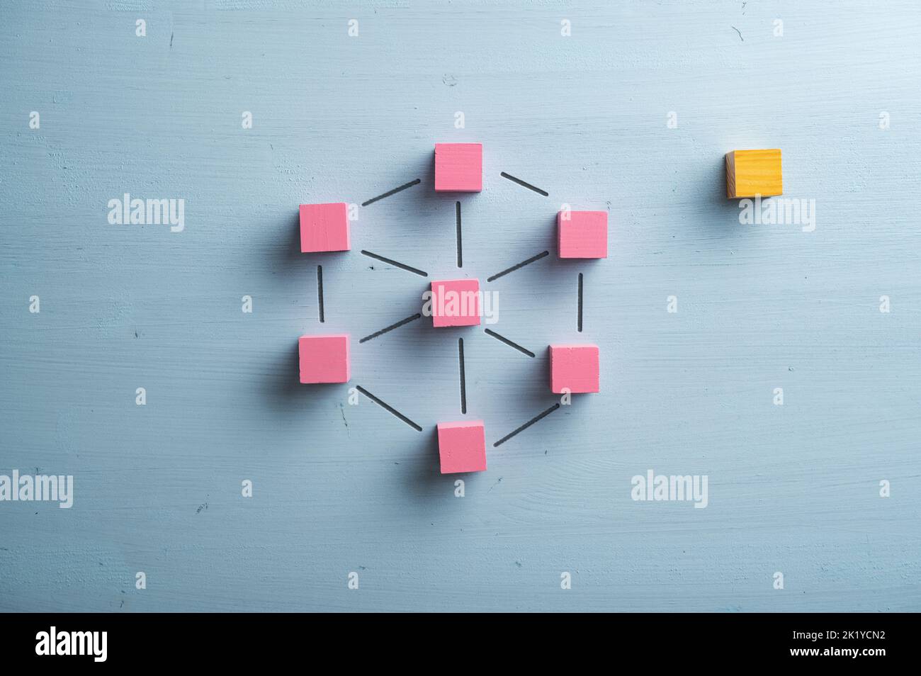 Network of pink wooden blocks connected with imaginary lines and a blank block as an outsider placed next to them. Over pastel blue wooden background. Stock Photo