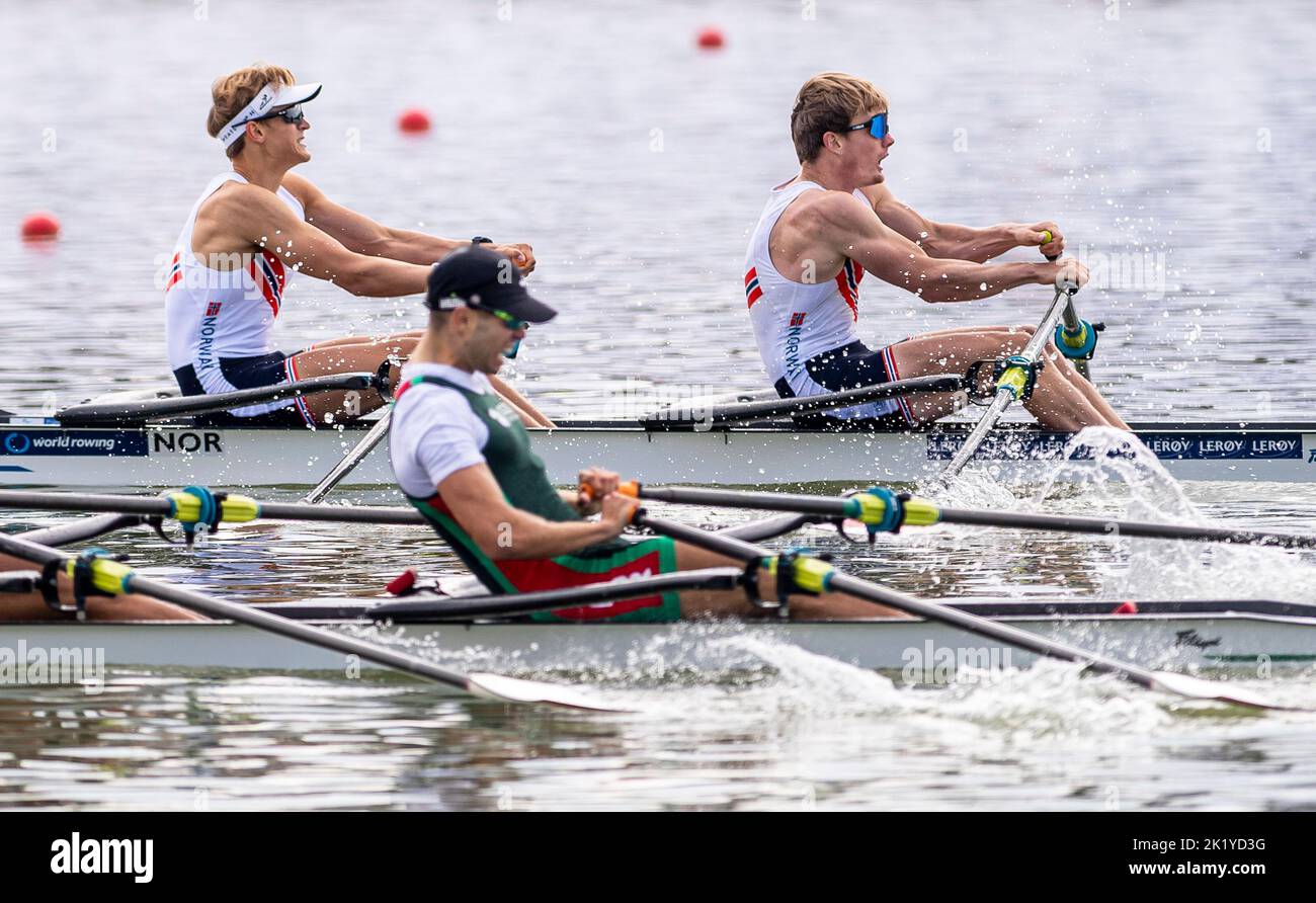 Racice, Czech Republic. 21st Sep, 2022. From left Lars Benske of Norway, Dinis Duarte Costa of Portugal, Ask Jarl Tjoem of Norway competing during Day 4 of the 2022 World Rowing Championships, Men's lightweight double sculls, quarter finals at the Labe Arena Racice on September 21, 2022 in Racice, Czech Republic. Credit: Ondrej Hajek/CTK Photo/Alamy Live News Stock Photo