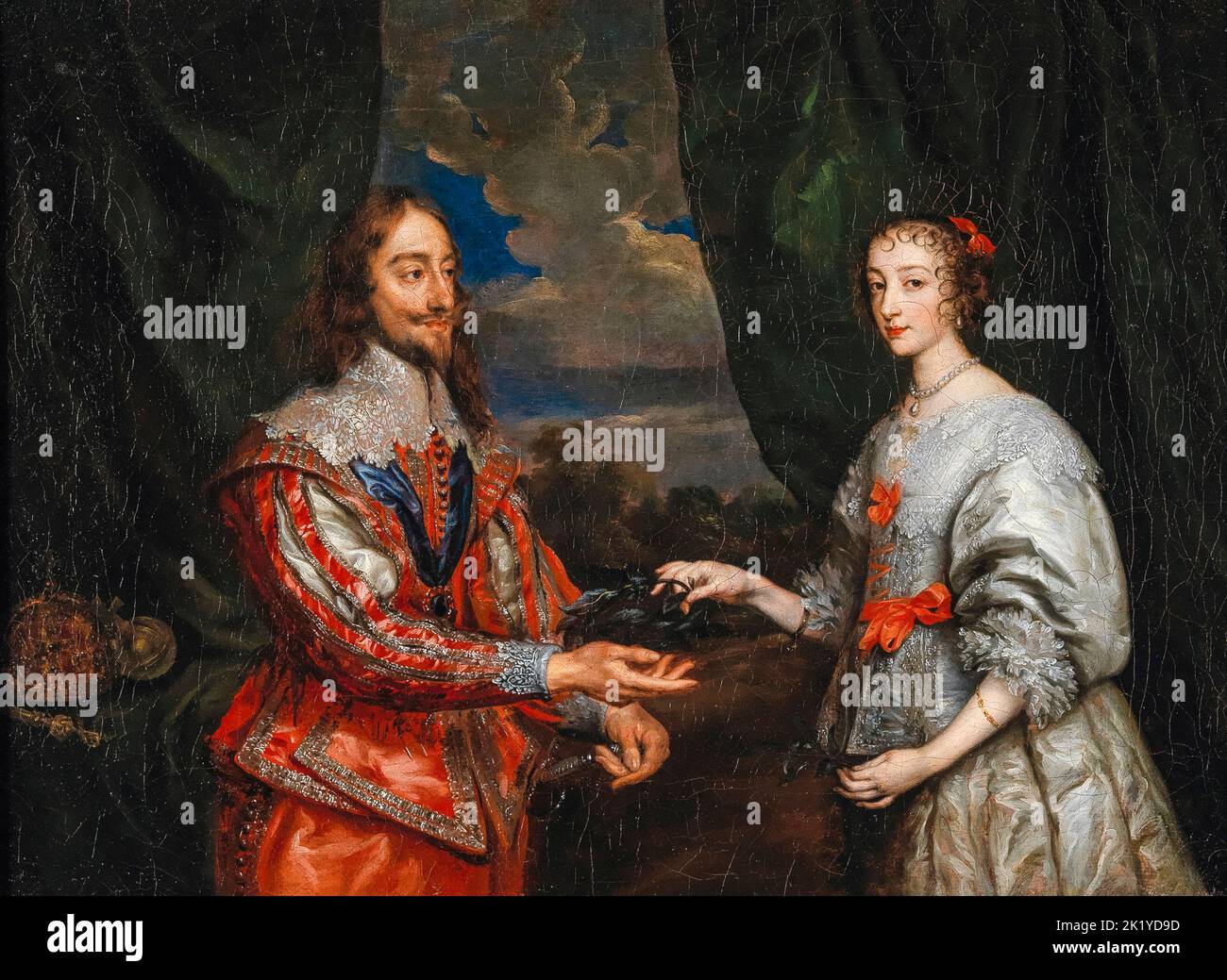 King Charles I (1600-1649), and Queen Henrietta Maria (1609-1669), of England, Scotland, and Ireland, portrait painting in oil on canvas by Workshop of Anthony van Dyck, before 1641 Stock Photo