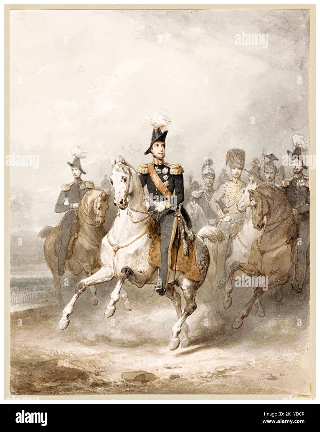 Equestrian portrait, of, King William II, (1792-1849), King of the Netherlands, watercolour painting by Nicaise De Keyser, before 1887 Stock Photo