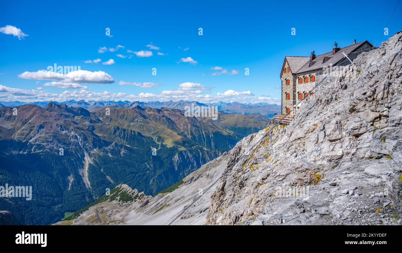 Alpine landscape with Julius Payer House at Ortler norlam route. Eastern Alps, Italy Stock Photo