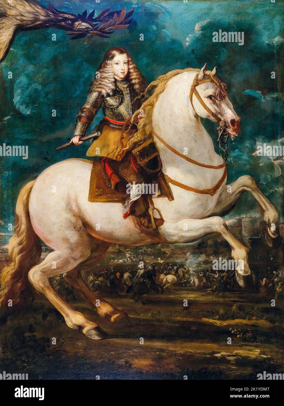The young King Charles II of Spain (1661-1700), (Carlos II of Spain), equestrian portrait painting in oil on canvas by Sebastián Herrera Barnuevo, 1666-1671 Stock Photo