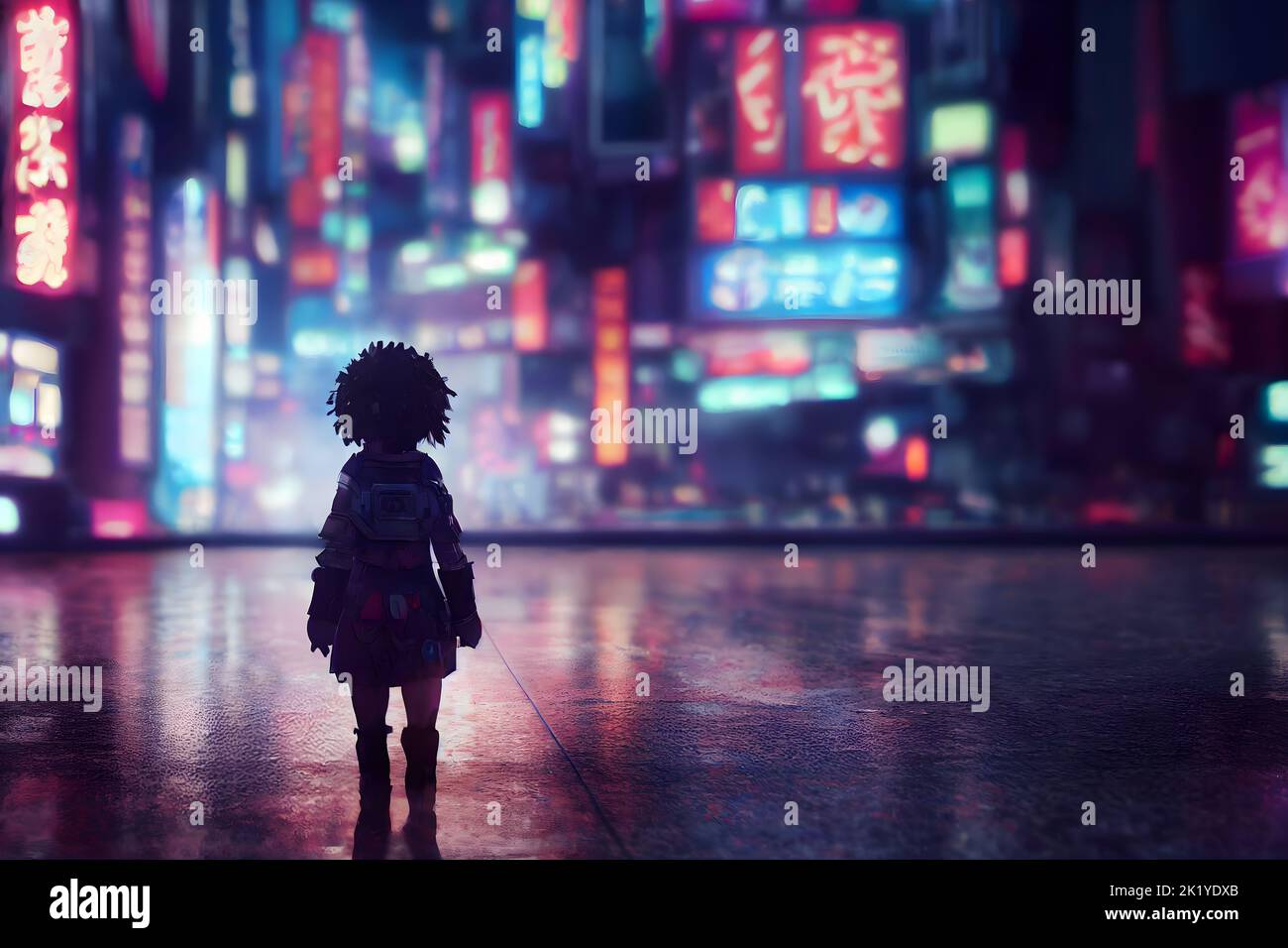 Illustratrive picutre of a little girl in futurist Tokyo town. Blurred  background. Digital art. 3D render. Stock Photo