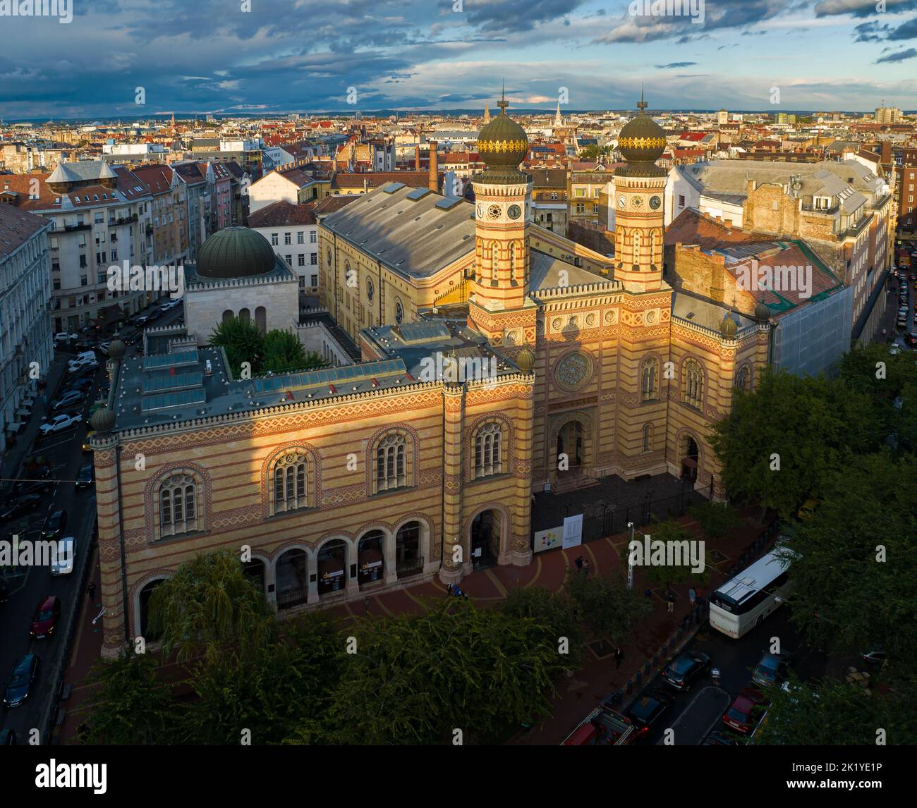 Budapest, Hungary. Dohany street Synagogue aerial view. This is an Jewish memorial center also known as the Great Synagogue or Tabakgasse Synagogue. I Stock Photo