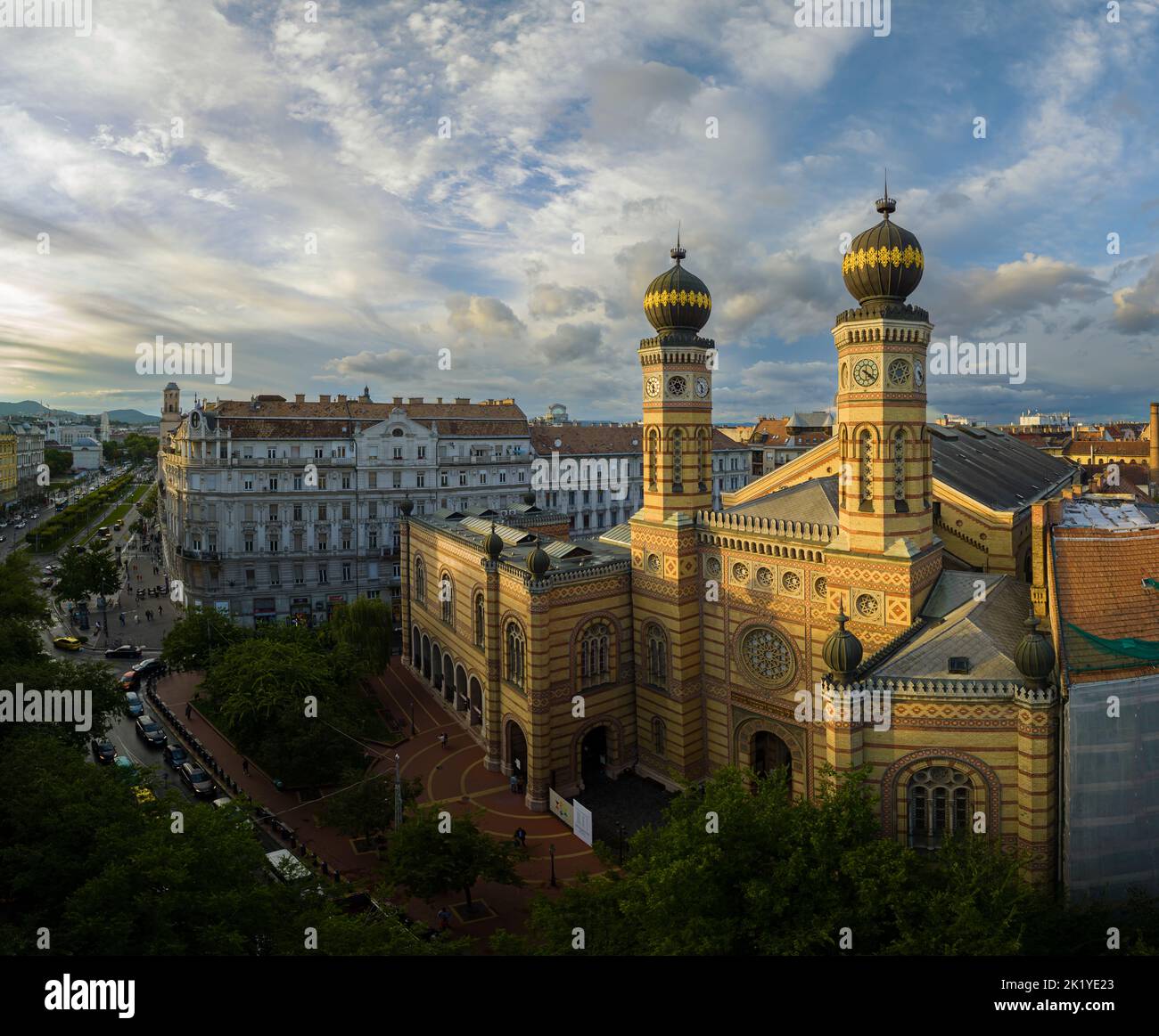 Budapest, Hungary. Dohany street Synagogue aerial view. This is an Jewish memorial center also known as the Great Synagogue or Tabakgasse Synagogue. I Stock Photo