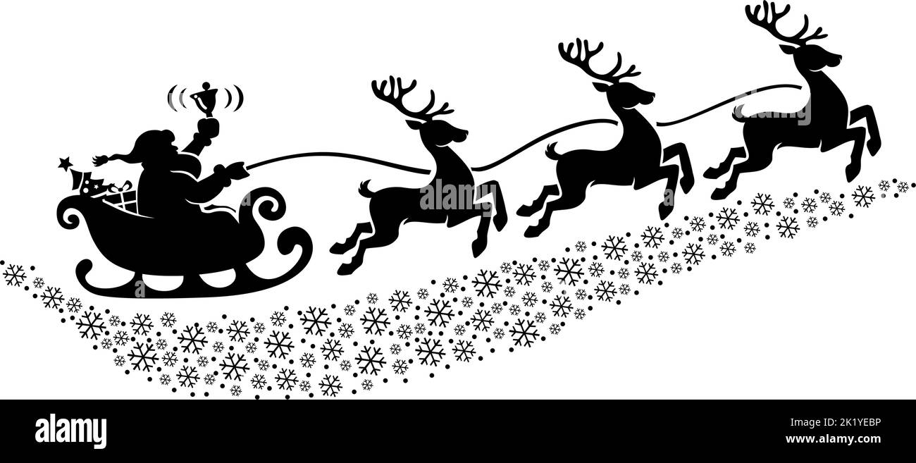 Santa Claus silhouette flying over snowflakes in sleigh full of gifts with reindeers . Merry christmas and Happy new year decoration. Vector Stock Vector