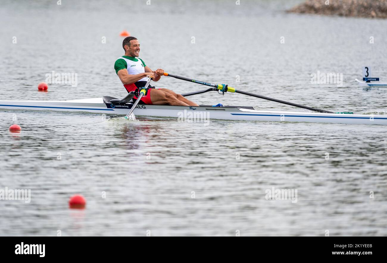 Racice, Czech Republic. 21st Sep, 2022. Sid Ali Boudina of Algeria competing during Day 4 of the 2022 World Rowing Championships at the Labe Arena Racice on September 21, 2022 in Racice, Czech Republic. Credit: Ondrej Hajek/CTK Photo/Alamy Live News Stock Photo
