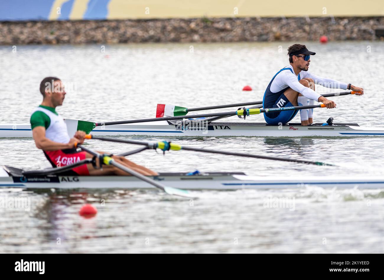 Racice, Czech Republic. 21st Sep, 2022. Sid Ali Boudina of Algeria, left, and Gabriel Soares of Italy competing during Day 4 of the 2022 World Rowing Championships at the Labe Arena Racice on September 21, 2022 in Racice, Czech Republic. Credit: Ondrej Hajek/CTK Photo/Alamy Live News Stock Photo