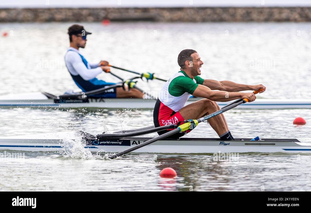 Racice, Czech Republic. 21st Sep, 2022. Sid Ali Boudina of Algeria, right, and Gabriel Soares of Italy competing during Day 4 of the 2022 World Rowing Championships at the Labe Arena Racice on September 21, 2022 in Racice, Czech Republic. Credit: Ondrej Hajek/CTK Photo/Alamy Live News Stock Photo