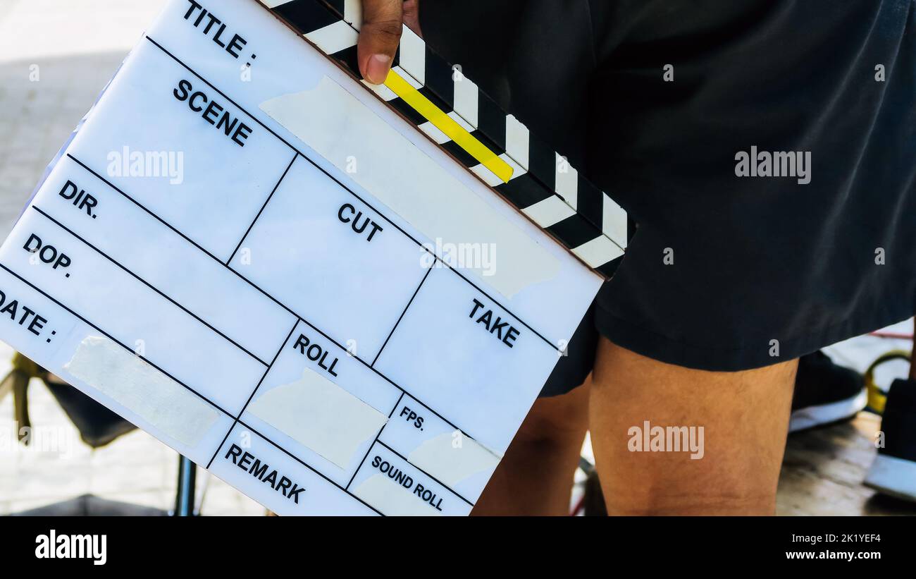 film slate and film crew production set Stock Photo - Alamy