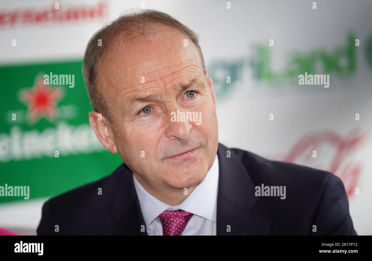 Taoiseach Micheal Martin speaking to the media as he visits the