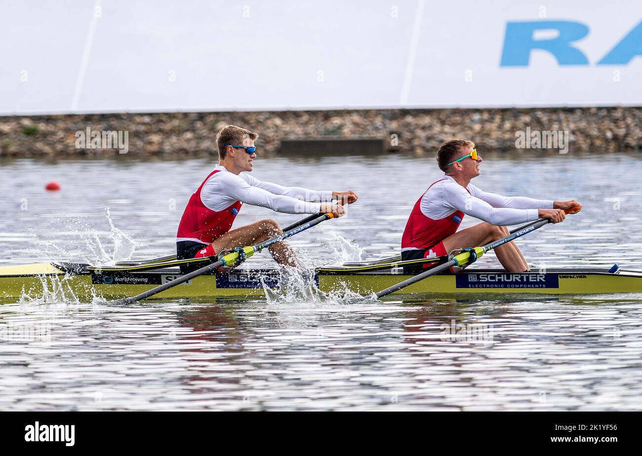 Racice, Czech Republic. 21st Sep, 2022. Jan Schauble, Raphael Ahumada Ireland L-R of Switzerland competing during Day 4 of the 2022 World Rowing Championships, Men's lightweight double sculls quarter finals at the Labe Arena Racice on September 21, 2022 in Racice, Czech Republic. Credit: Ondrej Hajek/CTK Photo/Alamy Live News Stock Photo