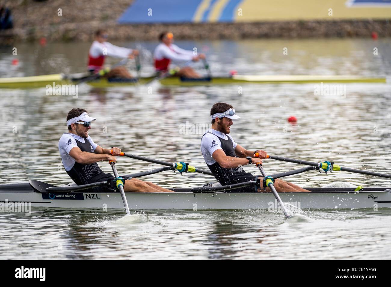 Racice, Czech Republic. 21st Sep, 2022. Matthew Robert George Dunham a Christopher Stockley of New Zealand competing during Day 4 of the 2022 World Rowing Championships, Men's lightweight double sculls quarter finals at the Labe Arena Racice on September 21, 2022 in Racice, Czech Republic. Credit: Ondrej Hajek/CTK Photo/Alamy Live News Stock Photo