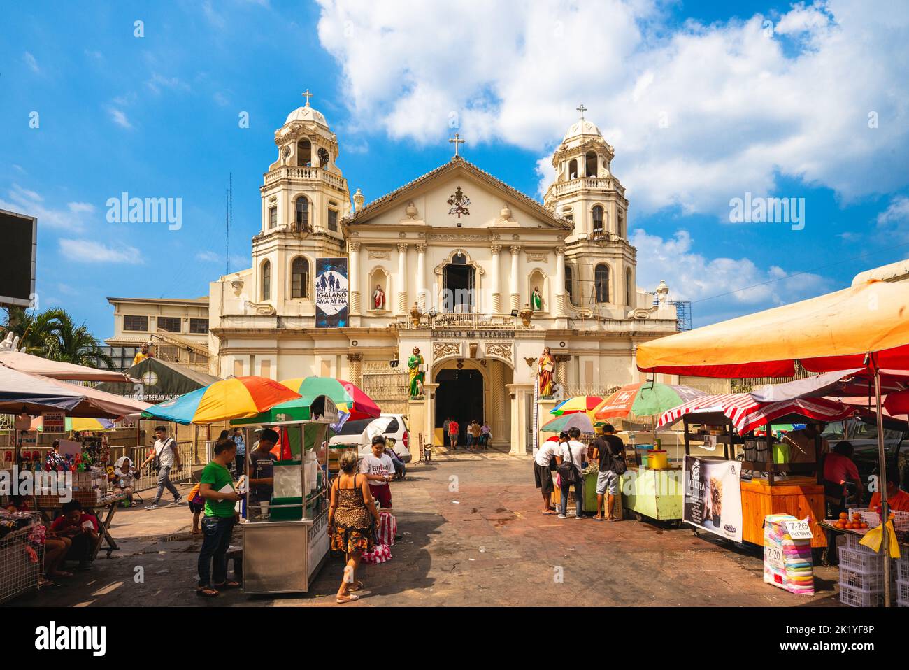 April 8, 2019: Facade from Plaza Miranda and Quiapo Church. The basilica is famous home for the Black Nazarene, a dark statue of Jesus Christ said to Stock Photo