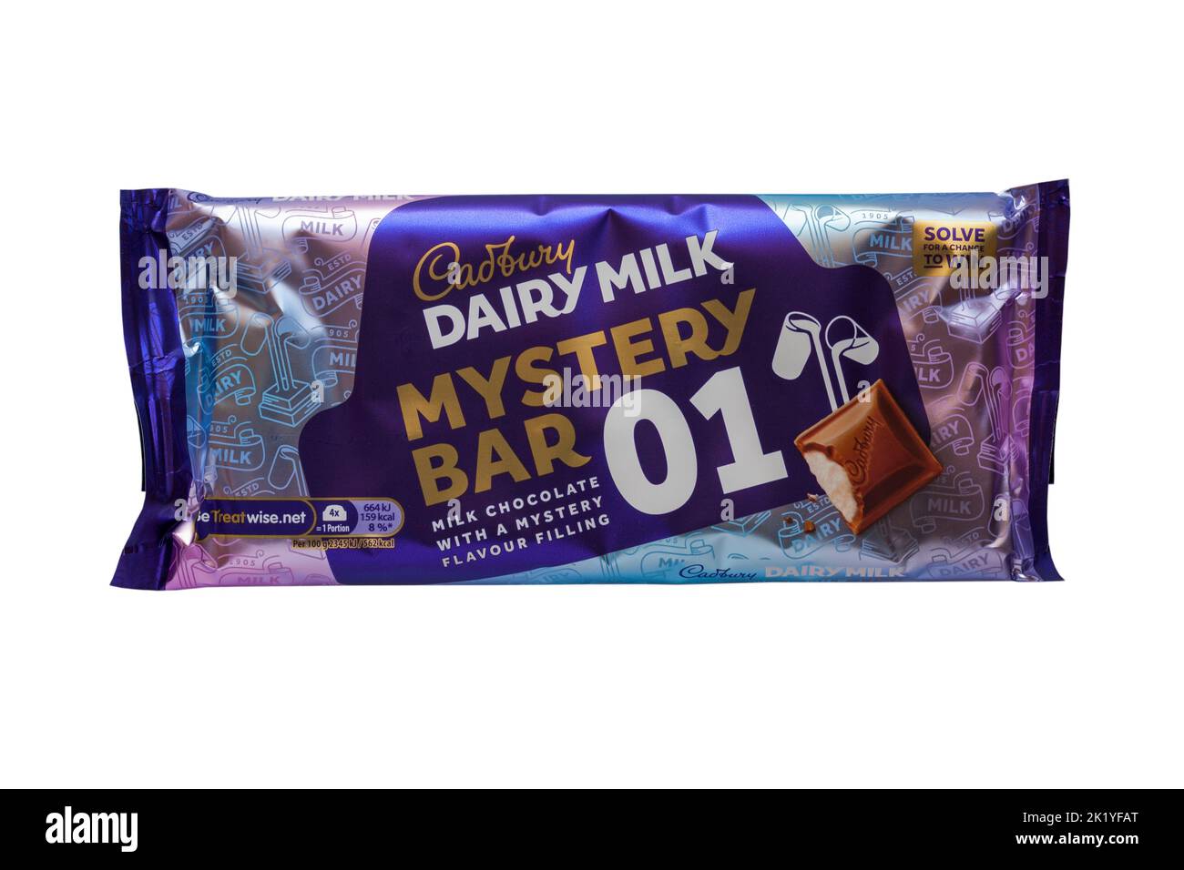 Cadbury Dairy Milk Mystery Bar 01 milk chocolate with a mystery flavour filling chocolate bar isolated on white background Stock Photo