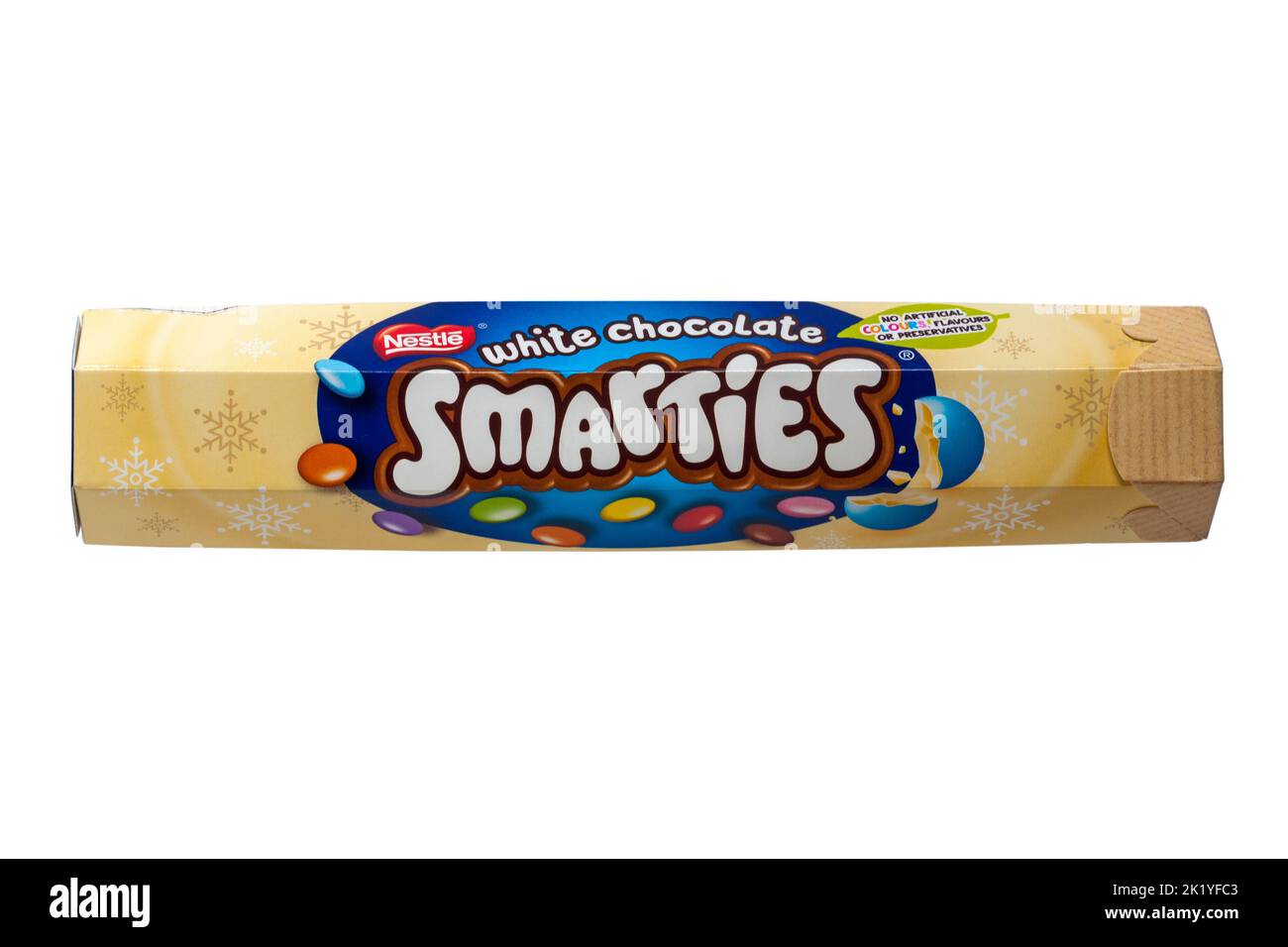 White Chocolate Smarties from Nestle isolated on white background in paper recyclable tube