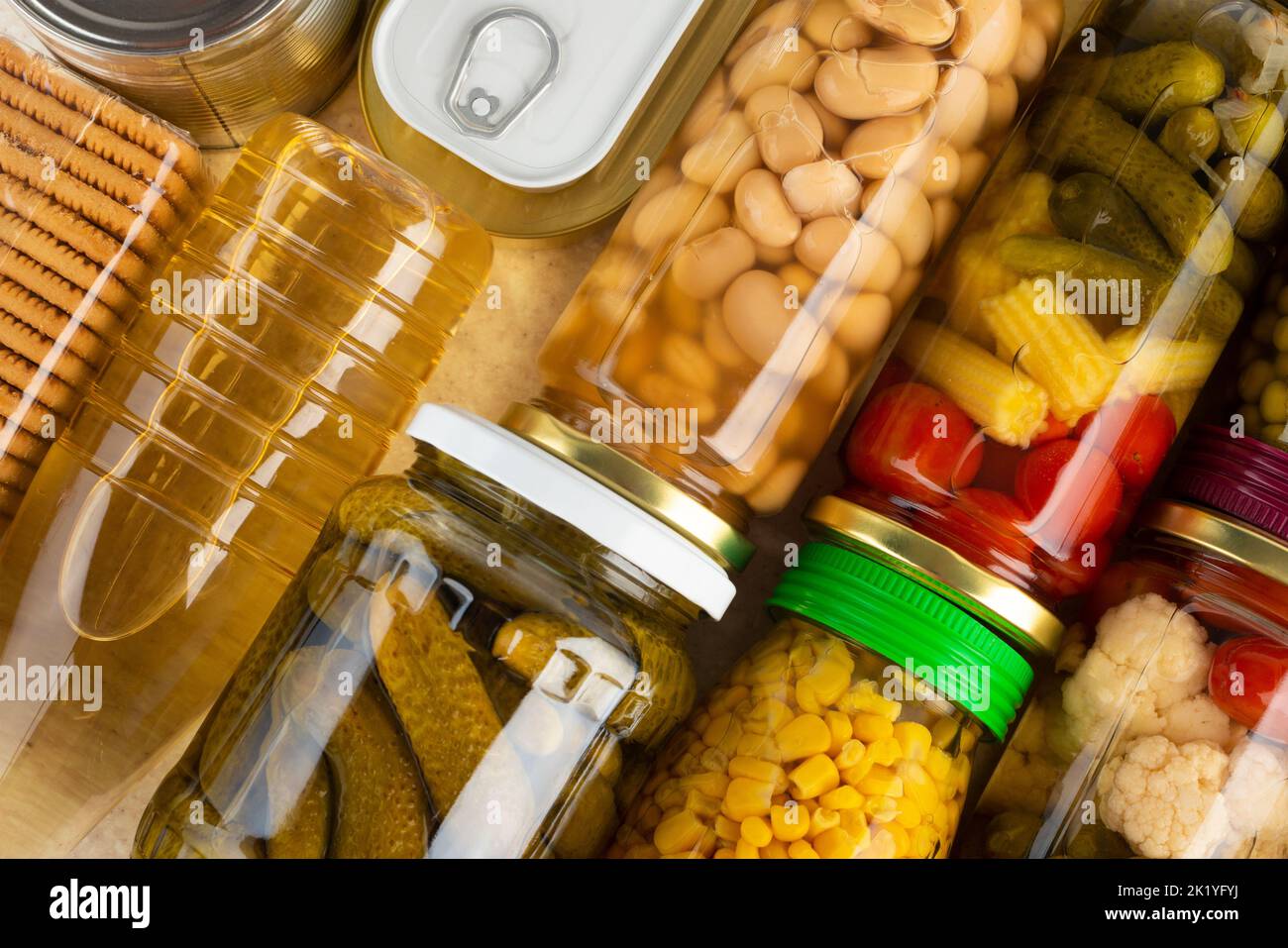 Emergency groceries food background flat lay Stock Photo