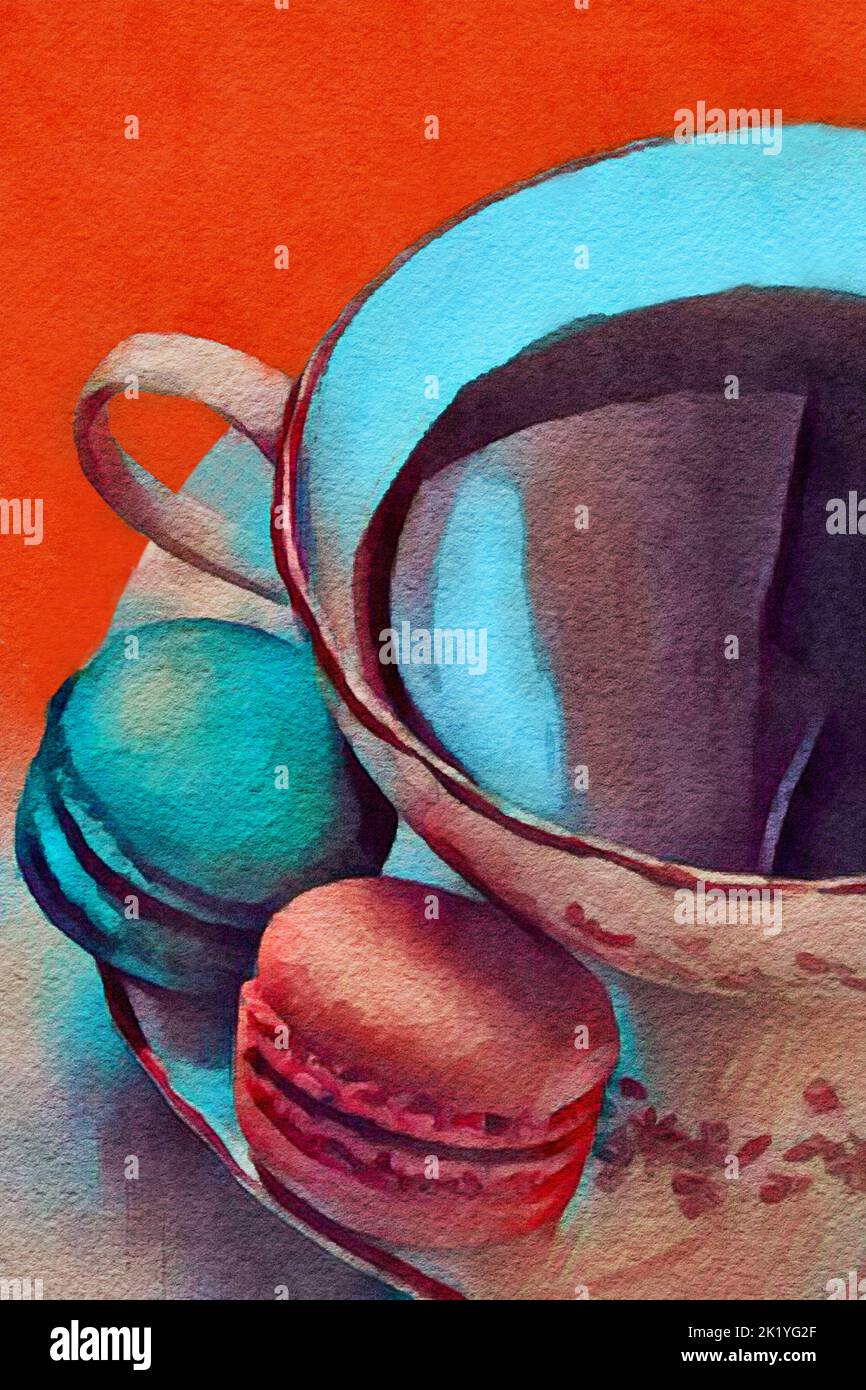 A cup of tea with macaron cookies is seen in a digital watercolor image., Stock Photo